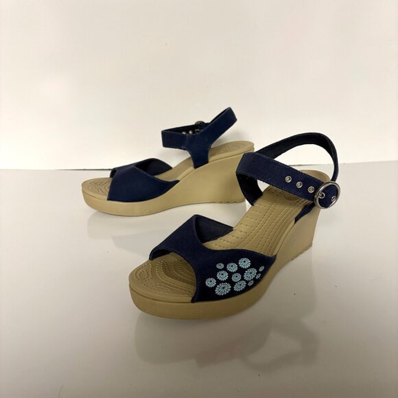 Crocs Womens Sandals Size W9 Navy Blue Canvas Wedge Adjustable Ankle Strap - Picture 1 of 8